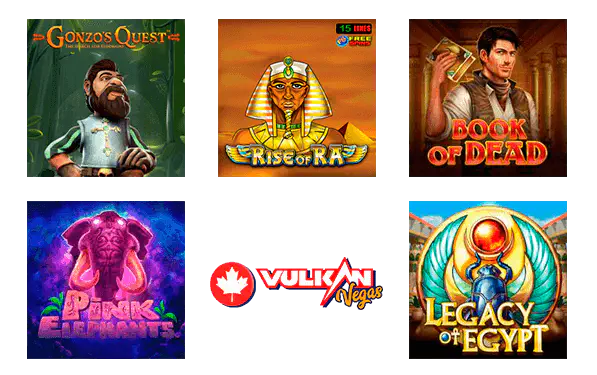 Sloturi populare la Vulcan Vegas Casino: Book of Dead, Legacy of Egypt, Rise of Ra, Gonzo's Quest, Pink Elephants